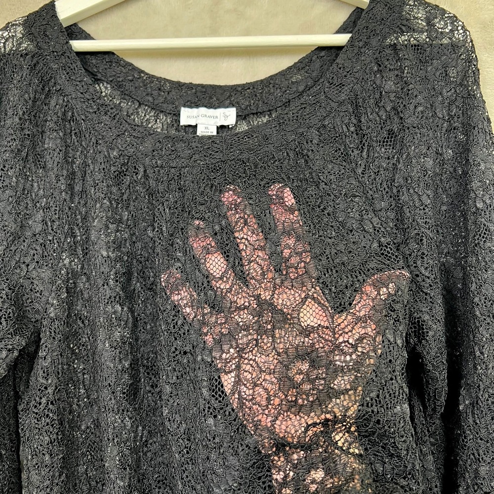 Susan Graver Vintage Style Y2K Sheer Black Lace Romantic Goth XL Long Sleeve Top - Picture 3 of 8